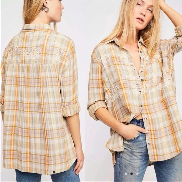 Free People Embroidered Magical Plaid Buttondown Shirt Lagenlook Boho Artsy Sz S - Picture 1 of 11